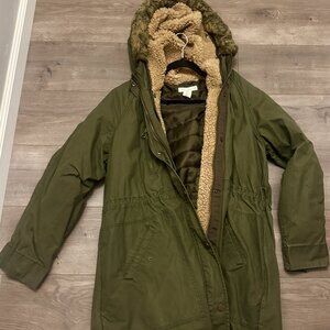 🧥 L.O.G.G. by H&M Olive Green Sherpa-Lined Parka Coat | Size 14 | Excellent Con